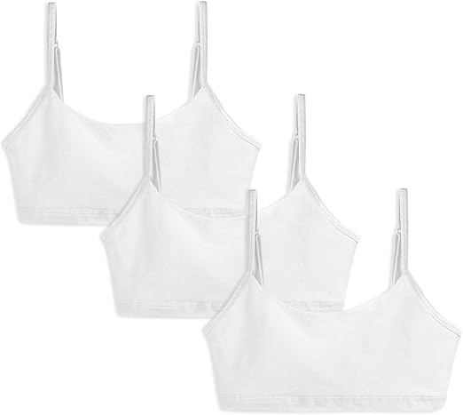 Mightly Girls' Bralette | Organic Cotton, Cami Crop Training Bra with Adjustable Straps, Soft and Fresh Dance & Sport & Gym Set for Kids and Teens, Fair Trade Certified 3-Pack, White, 8