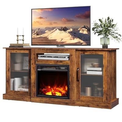 WLIVE Fireplace TV Stand for 65" TV, Entertainment Center with 18 Inch Electric Fireplace, TV Console with Open Shelves for Living Room and Bedroom, Rustic Brown