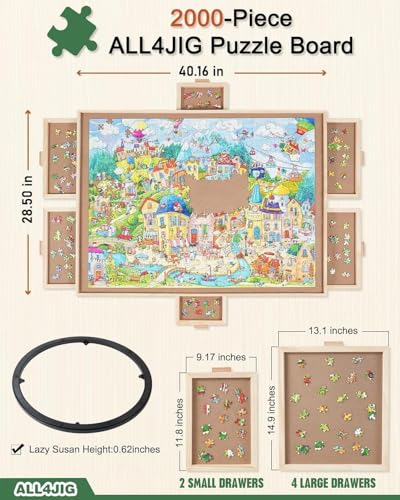 Image of ALL4JIG 2000 Pieces Rotating Puzzle Board with 6 Drawers and Cover,28 inchx40 inchPortable Wooden Jigsaw Puzzle Table for Adults,Lazy Susan Spinning Puzzle Boards Birthday Gift for mom