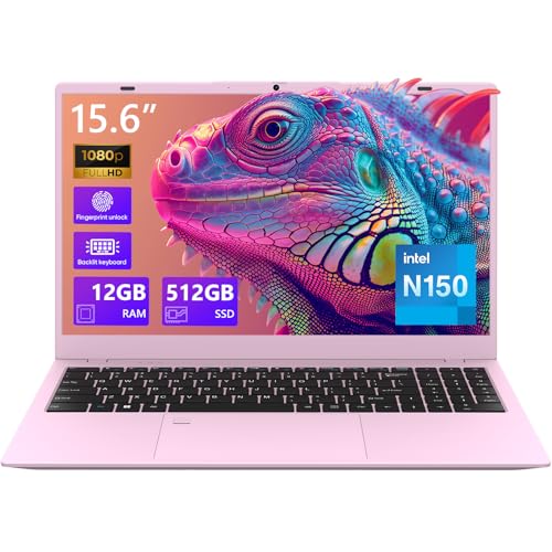 VIGSENUP Laptop rosa, computadora portátil de 15.6 pulgadas, 12 GB de RAM 512 GB SSD, procesador N150 de 4 núcleos (Beat a N95, N5095), hasta 3.6 GHz, huellas dactilares, KB retroiluminado, WiFi6