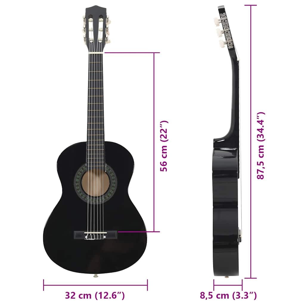 vidaXL Set Chitarra Classica per Principianti 8 pz Strumenti Musicali Chitarra Acustica Giochi Musicali Prodotti per Fare Musica Nera 1/2 34"