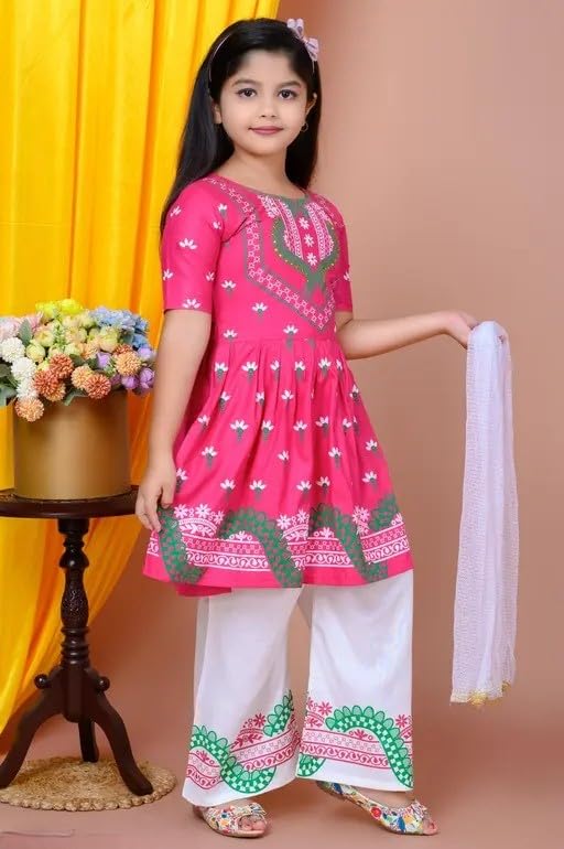 Image of Girls' Traditional Printed Kurti with Palazzo and Dupatta Set, Pink and White, Floral Design