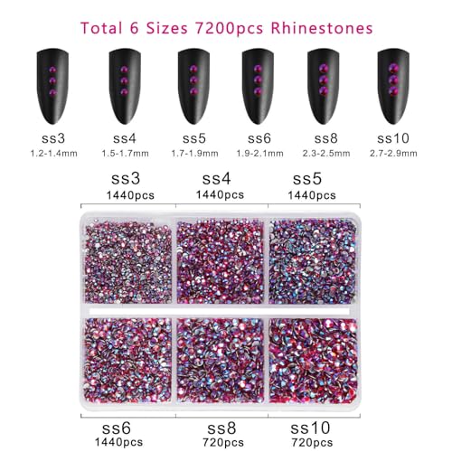 Image of Beadsland Flatback Rhinestones, Light Siam AB, 7200pcs Mixed 6 Sizes | Glass Nail Gems, Round Crystal, With Wax Pencil Kit, SS3-SS10, Light Red AB