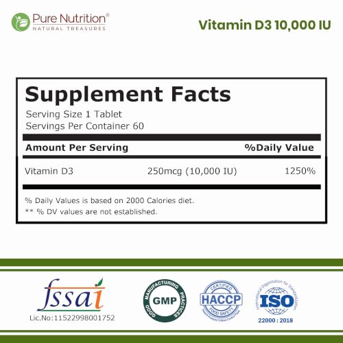 Image of Pure Nutrition Vitamin D3 Tablets 10000 IU | Vitamin D Supplements Supports Bone, Teeth & Muscle Health | High Potency Vit D3 Supplement for Immunity & Calcium Absorption | Daily Wellness Support for Men & Women | 60 Tablets