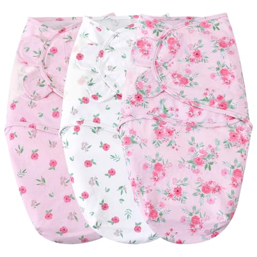 Image of david's kids 100% Cotton 3 Pack Baby Swaddle Wrap for 0-3 Months, Soft Breathable Swaddle Blanket for Newborn Infant, Adjustable Baby Wrap Sleep Sacks for Girls, Newborn Essentials, Floral