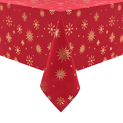 Yrendenge Mantel de Navidad, mantel rojo y dorado, diseño de copo de nieve, estrella, rectangular, lavable, impermeable, para vacaciones de invierno, fiestas, decoración navideña, 140 x 240 cm