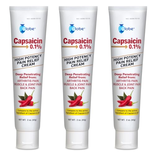 Globe (3 Pack) Capsaicin 0.1% High Potency Pain Relief Cream Unscented (2 oz) Deep Penetrating Relief from: Arthritis Muscle Joint and Back Pain