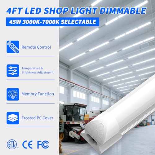 Image of JESLED LED Shop Lights 4FT with Remote, 45W 5400LM Dimmable Linkable Garage Light, 3000K-7000K Adjustable Color Temperature, for Workshop, Basement, Workbench, ETL Listed 6 Pack