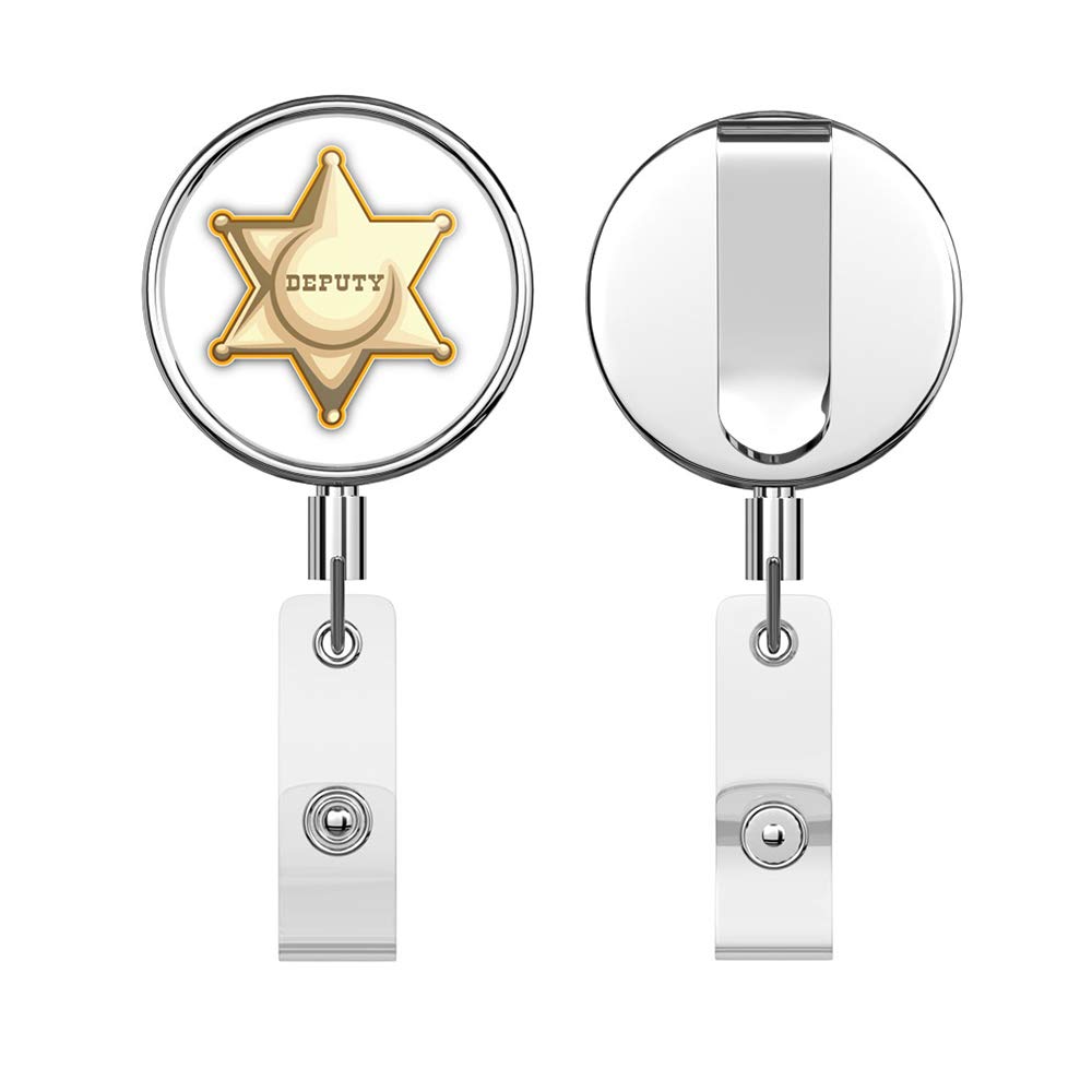 Sheriff Star Badge Round ID Badge Key Card Tag Holder Badge Retractable Reel Badge Holder with Belt Clip