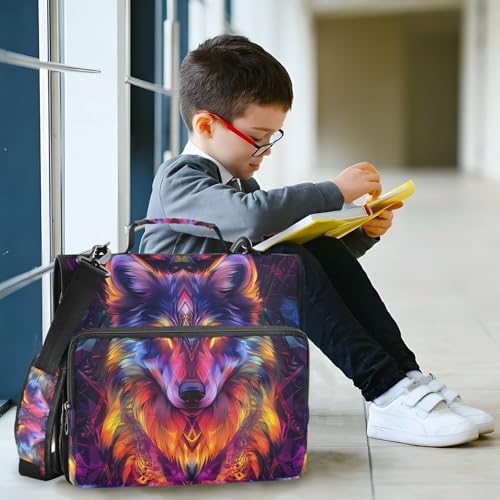 Image of Wolf Colorful Zipper Binder Bag 3 Ring Binder with Shoulder Strap Zip Up 500 Sheets Capacity Multi Pockets for School Office Supplies