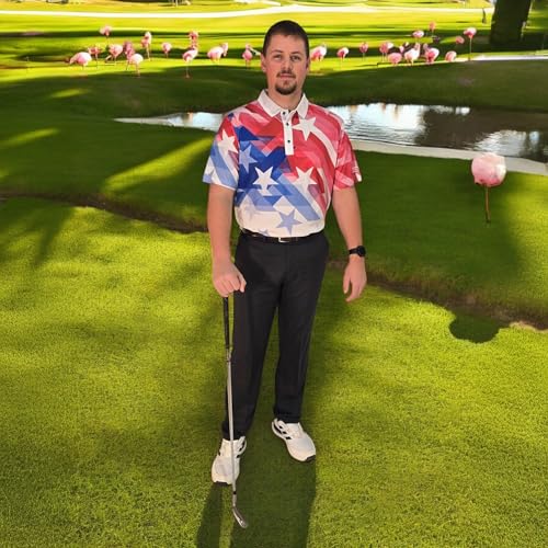Image of Patriotic USA Golf Polo Shirt - Men's Performance Short Sleeve Moisture Quick Dry Fit Athletic Veteran UPF Stretch Casual Fun