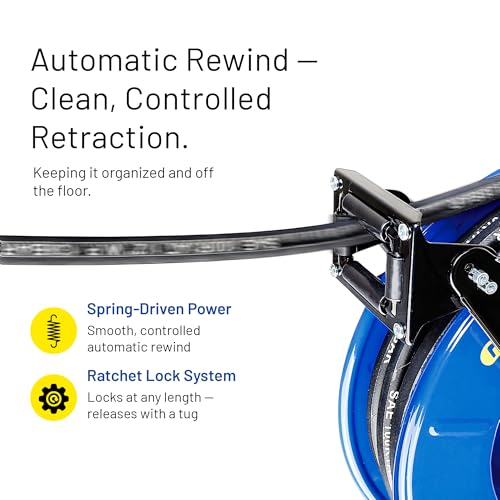 Image of Goodyear Oil Hose Reel Retractable 1 /2 inch Inch x 50' Foot Long Premium Commercial SAE 100R1AT Hose Max 2320 Psi Steel Construction Elite Heavy Duty Industrial Spring Driven Dual Arm and Pedestal