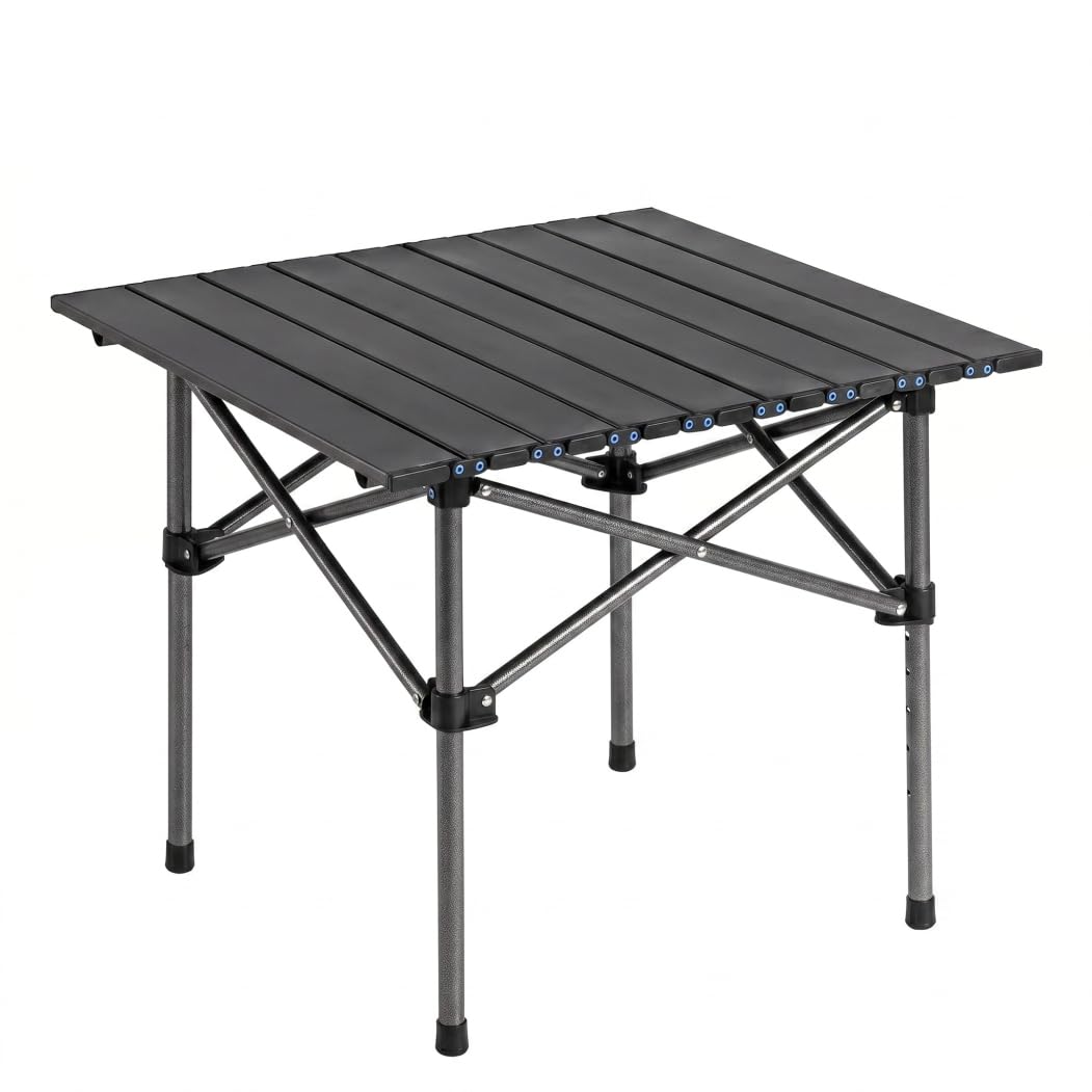 Mesa de Camping Enrollable Negra de 19, 69 x 19, 69 Pulgadas con Marco de Acero al Carbono, Mesa Auxiliar Plegable compacta portátil para Picnic al Aire Libre, Playa, RV, mochilero