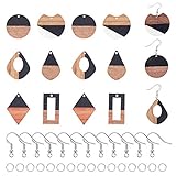 OLYCRAFT 12pcs Resin Wooden Earring Pendants Teardrop Rhombus Rectangle Vintage Resin Wood Statement Jewelry Findings for Necklace and Earring Making - Black