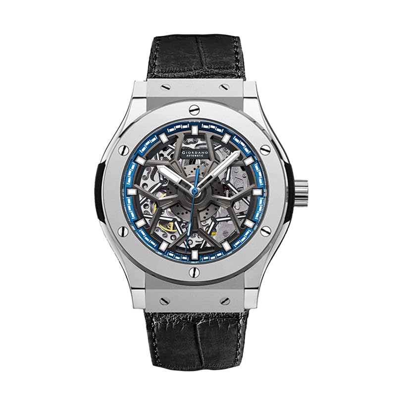 Image of Giordano Automatic Watch for Men - Round Dial, Stainless Steel Case, Transparent Mechanical Movement, Luminous Hands, Black Leather Strap