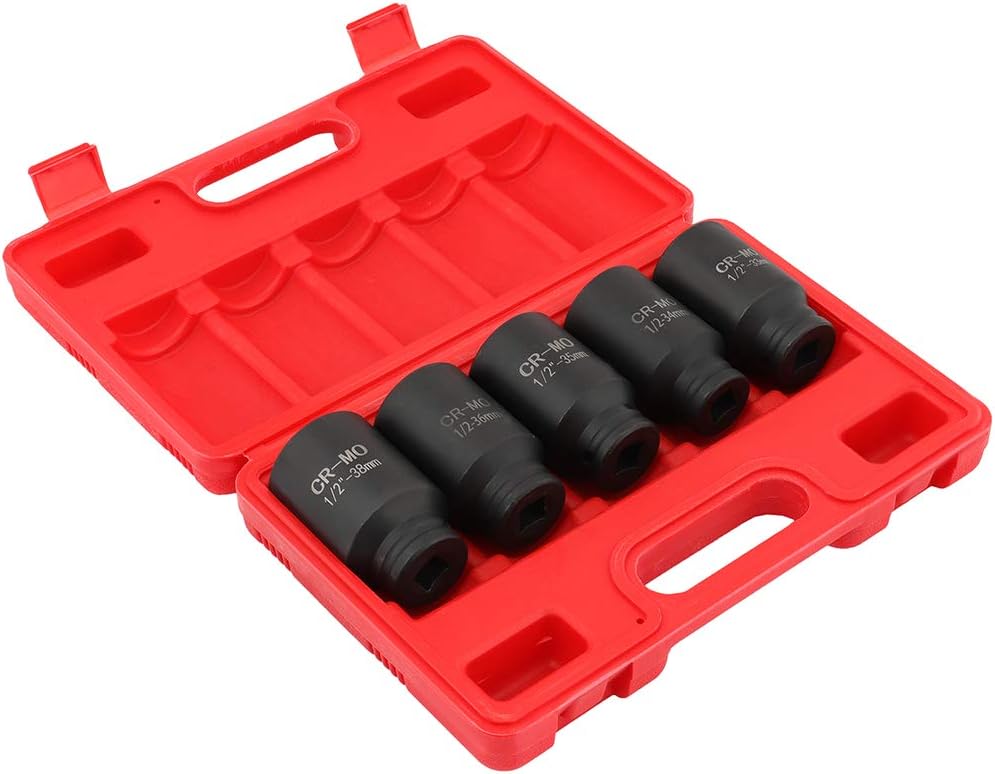 SCITOO 5pcs Deep Spindle Axle Nut Impact Socket Set 1/2 6 Point Drive Metric Axle Hub Nut Socket 33mm 34mm 35mm 36mm 38mm