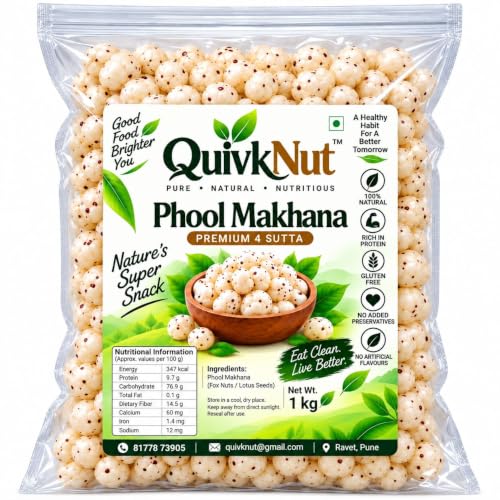 QUIVKNUT Premium Raw Makhana 1kg | Plain Fox Nuts Phool Makhana | Lotus Seeds Gorgon Nuts | Light & Crunchy Puffed Kernels | Healthy Vegetarian Snack | For Roasting Kheer Fasting & Daily Snacking