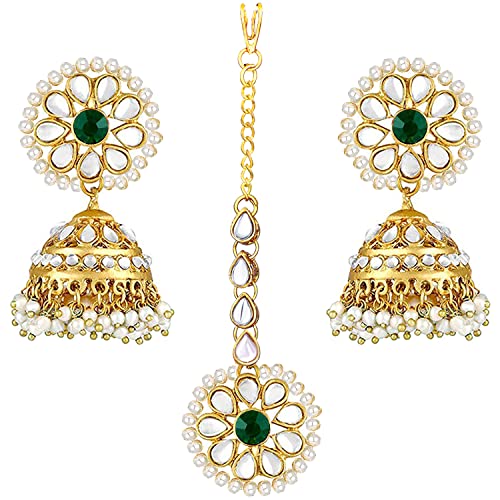 Aheli Kundan Pearl Jhumki Earrings with Maang Tikka Indian Traditional Bollywood Fashion Jewelry Set Gift for Women