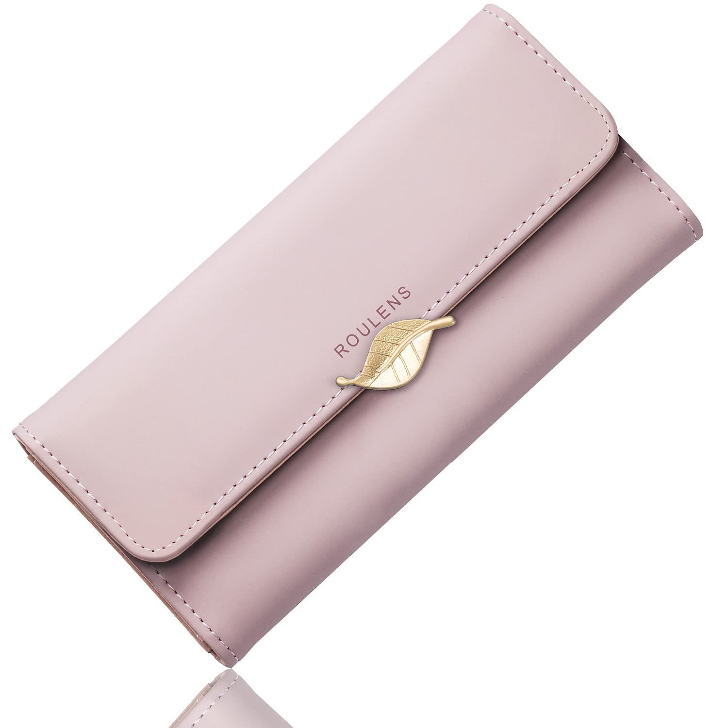 Roulens Wallet for Women RFID Blocking PU Leather Leaf Pendant Card Holder Phone Checkbook Organizer Zipper Coin Purse, Z/Pink-L, Large