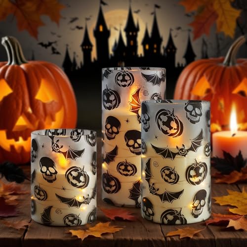 Image of Flickering Flameless Candles Halloween Bat Embedded Star String Lights, Battery Operated Acrylic LED Pillar Candles with 11-Key Remote and Timer for Home Decoration, 3 Pack