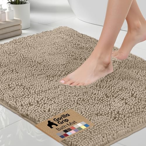 Image of GORILLA GRIP Bath Rug Mat, Thick Soft Absorbent Chenille, Quick Dry Microfiber Mats, Rubber Backing Washable Shower Floor Rugs, Bathmat Runner, US Designed Bathroom Home Decor Accessories 30x18, Beige