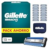 Gillette Mach3 Base Pack de 15 Recambios Para Maquinillas De Afeitar Para Hombre, Cuchillas de Afeitar Con 3 Hojas y Banda Lubricante, Compatible Con Todos Los Mangos Mach3