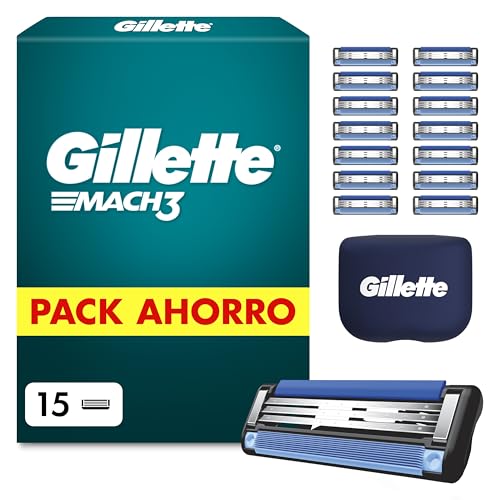 Gillette Mach3 Base Pack de 15 Recambios Para Maquinillas De Afeitar Para Hombre, Cuchillas de Afeitar Con 3 Hojas y Banda Lubricante, Compatible Con Todos Los Mangos Mach3