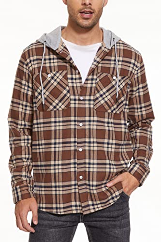 Tacvasen Flannel Shirts For Men Casual Plaid Lightweight Cotton Shirt Jackets With Hood Brown S #TOP1