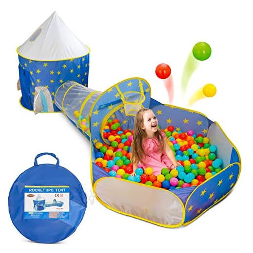3 in 1 Kids Ball Pit Play Tent with Crawl Tunnel, Pop-Up Jungle Gym Set - Rocket Shape with Starts Theme - Boys and Girls Baby and Toddler Gift for - Indoor and Outdoor Use, with Carrying Case.