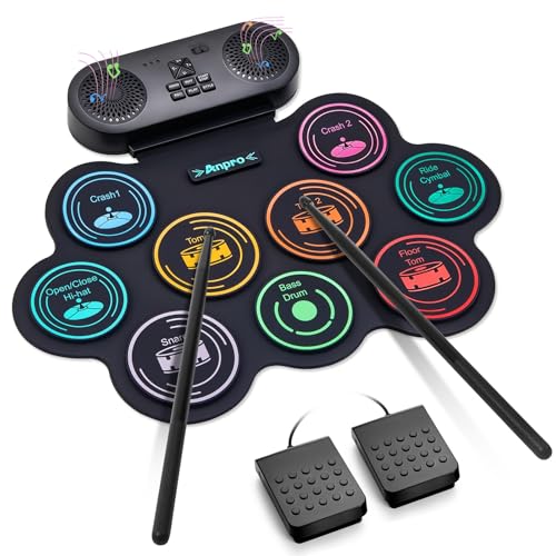 Bateria Electronica Niños, Anpro Bateria Electrónica Musical con 9 Almohadillas de Batería Altavoces Estéreo Duales, Baquetas y Pedales de Batería, Soporta Auriculares/BT/MIDI Práctica