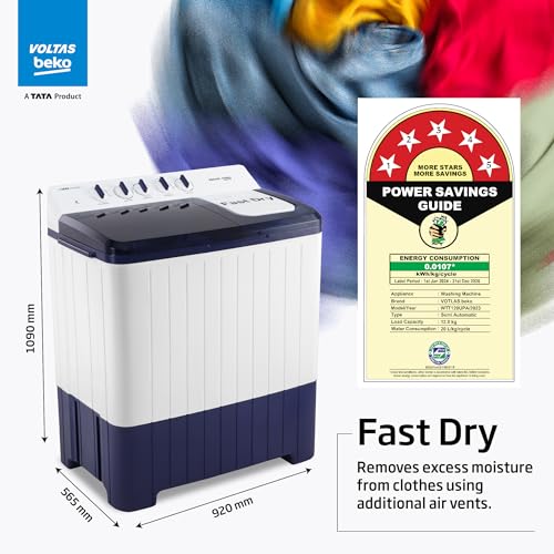 Image of Voltas Beko, A Tata Product 12 Kg 5 Star Semi-Automatic Top Load Washing Machine (WTT120UPA /BL5KPTD, Blue, Special pulsator and Double waterfall Technology)