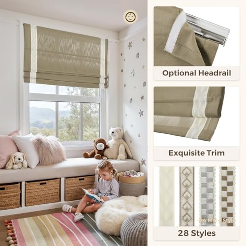 Image of TWOPAGES Isabella No Drill Cordless Roman Shade Linen Textured Cotton Roman Blind for Windows, Custom Made Room Darkening Blackout Roman Window Shade, Hardware Included, Tan, 1 Piece