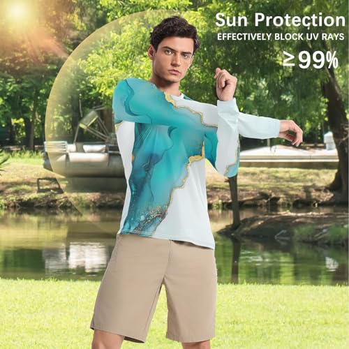 Marble Turquoise White Long Sleeves UPF 50+ Classic Crew Neck Comfort Sun Shirt for Men Long Sleeve Water Fishing4