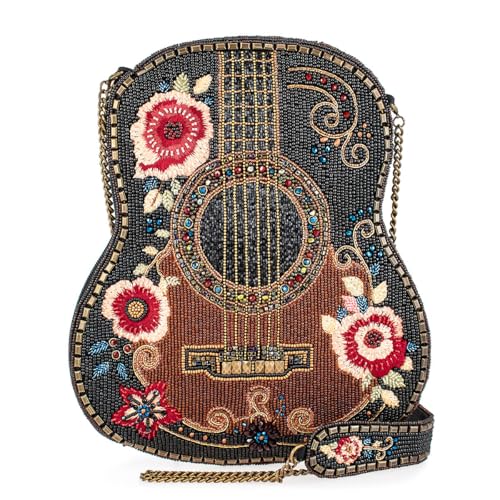 Mary Frances Classical Vibe Beaded Crossbody Handbag Floral Guitar-Shaped Evening Clutch Purse Statement Bag with Removable Strap, Brown