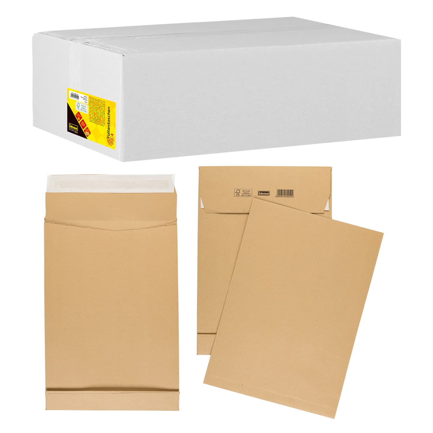 Idena 10250 - Pochette pliable adhésive sans fenêtre, DIN C4, 130 g/m², fond 4 cm, 100 pièces, 229 x 324 mm, brun natron