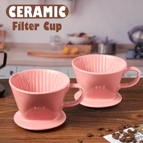 Image of Pour Over Coffee Dripper, Ceramic Pour Over Coffee Maker, Pink | 3 Holes Flat Bottom, Easy Manual Brew Maker, Porcelain Slow Filter Cone for Travel, Camping, Office, Home