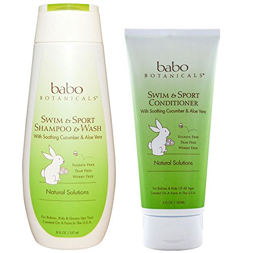 Babo Botanicals All Natural Organic Bundle Swim and Sport Aloe Vera and Cucumber Baby Shampoo & Wash (8 oz) and Conditioner With Chamomile for Dry or Damaged Hair Treatment (6 oz)
