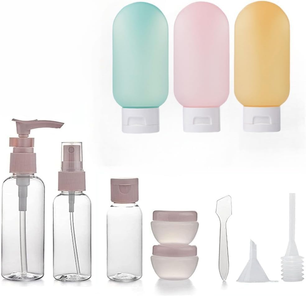 MOMENT 11 in 1 Travel Bottles Set for Toiletries Leak Proof Refillable Squeezable Containers with Plastic Bag for Lotion Shampoo Soap