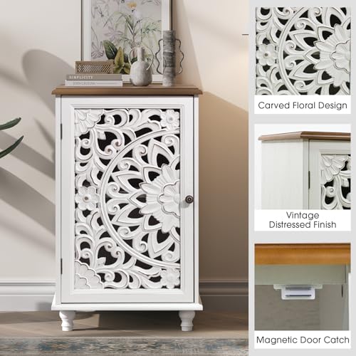 Image of End Table with Storage, 28 inch Tall White Side Table with Carved Door & Adjustable Shelf, Small Accent Cabinet with Solid Wood Legs for Living Room & Bedroom, Distressed Farmhouse Style