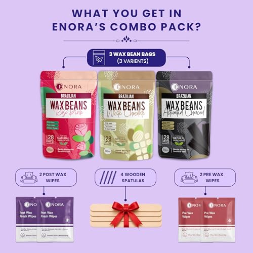 Image of ENORA Painless Hair Removal Brazilian Stripless Hard Wax Beans Range :White Chocolate + Rose pink+ Activated Charcoal |(100 Gram) pack of 3
