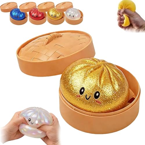 1x Dumpling Squishy Mystery 10 cm mit Glitter & Dampfgarer Zufälliges Random Design Anti-Stress Quetschspielzeug für Kinder & Erwachsene +Heartglobal Versandschutz