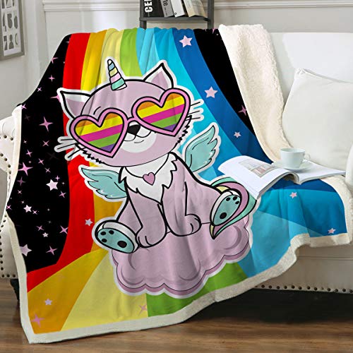 Sleepwish Cat Soft Blanket Plush Throw Blanket Microfleece Blanket Stars Rainbow Microplush Blanket Sherpa Blanket for Girls Fun Cat Wearing Glasses Print Blanket for Bed Sofa Couch (50