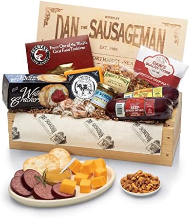 Dan the Sausageman's Signature Gift (Favorite) Gourmet Gift Basket Featuring Smoked Summer Sausage, Savory SeaBear Salmon, Wisconsin Cheese, Sweet Hot Mustard, and a Reuseable Keepsake Wood Pine Crate
