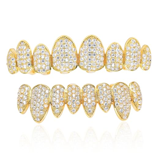 AISGRIL Grillz Teeth Grills Inlaid with shiny zircon Grillz Teeth Braces Hip-Hop 18K Gold Plated Halloween and Party Daily wear Unisex