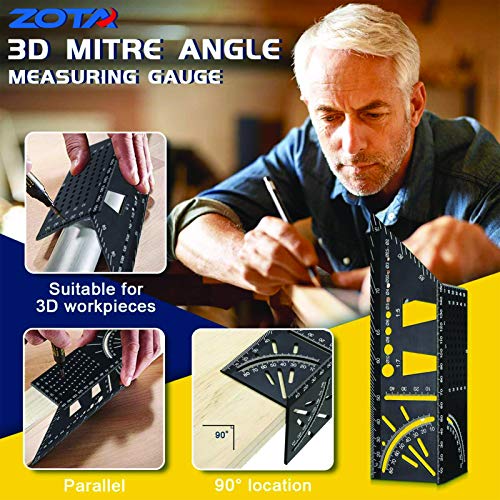 ZOTA 2PCS Woodworking Tools, 3D Mitre Angle Measuring Ruler-Aluminum Alloy Carpentry Tools -45/90 Degree Angle T Ruler with Punctuation Marking Gauge & Hole Scribing wood working gift for Men