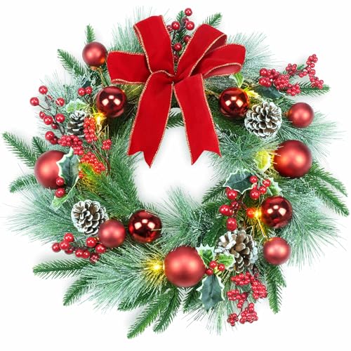 YULETIME 20' Pre-Lit Christmas Wreath, Battery Operated with 10 Fairy Lights Holiday Wreath, Red Bowknot & Baubles, Pine Cones, Red Berries, Green Leaves Holly, Spruce Branches, Pine Needles