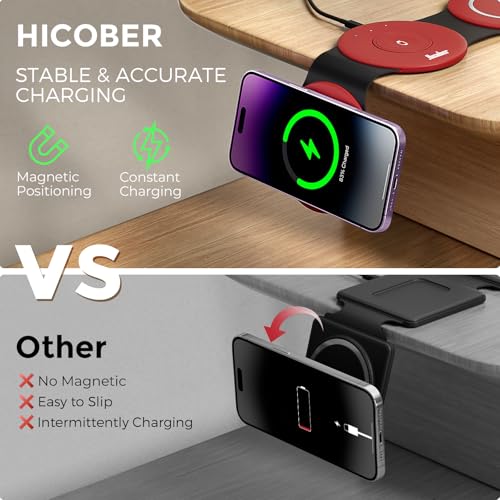 Image of Hicober 3 in 1 Wireless Charging Station for Apple Watch and iPhone Air 17 16 15 14 13 12 Pro Max /Plus, Magnetic Foldable Wireless Travel Charger Station Stand for Airpods iWatch All Series Dark Red