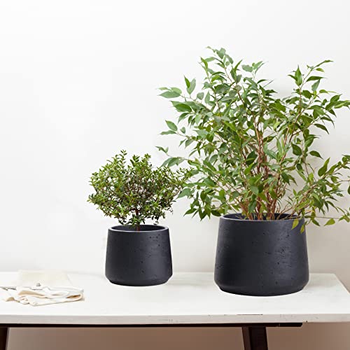 Copenhagen Matt Black Ceramic Plant Pot Set Of 2-9" And 6" Ceramic Cement Planters For Indoor & Outdoors - Textured Effect - Large & Medium Plant Pots #TOP1