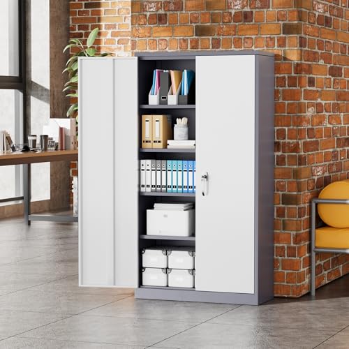 Image of Greenvelly Metal Storage Cabinet, 72 inch Locking Metal Garage Storage Cabinet with Doors and 4 Adjustable Shelves, Lockable Steel Cabinet for Home Office, Garage, Shop, School (White Grey 36 inch W x 18 inch D)