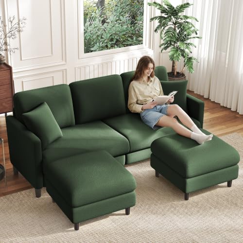 Image of Welzona 83 inch Couches for Living Room, Teddy Sofa Couch with Storage Ottomans, U Shaped Couch with Movable Ottomans, Tool-Free Modular Sectional Sofa, All-Wood Sofas for Living Room 2 Pillows, Green